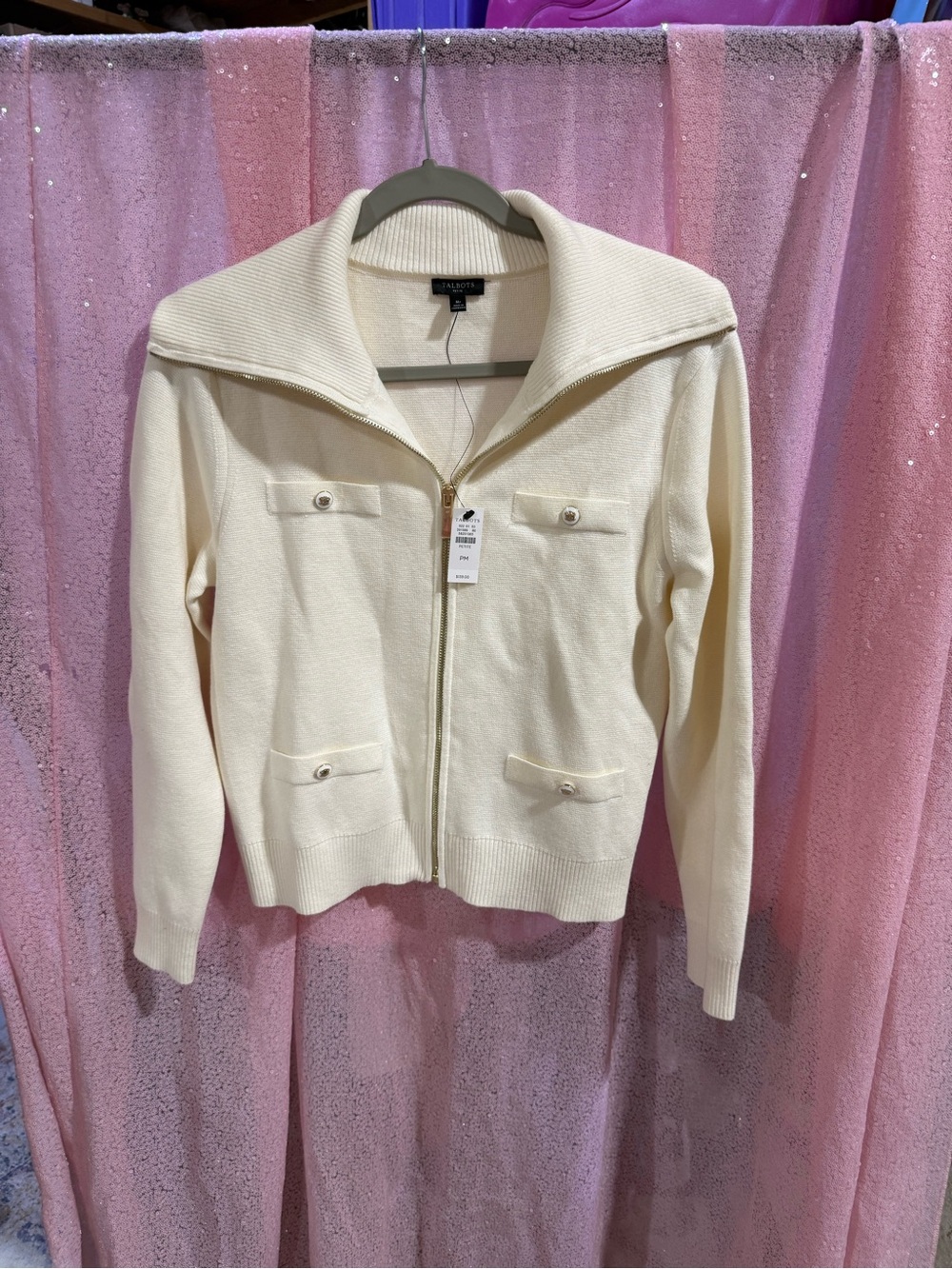 Talbots Cream Zip-Up Knit Jacket with Wide Collar